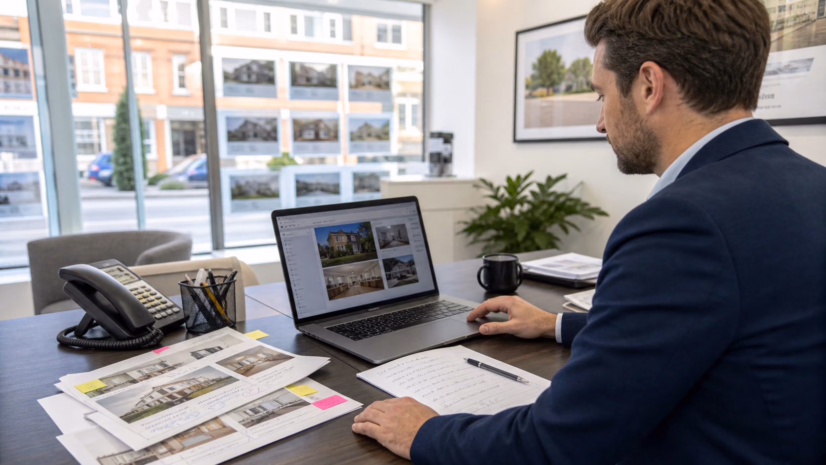 A UK estate agent checking a property listing update on a laptop beside printed vendor notes and marked-up property photos