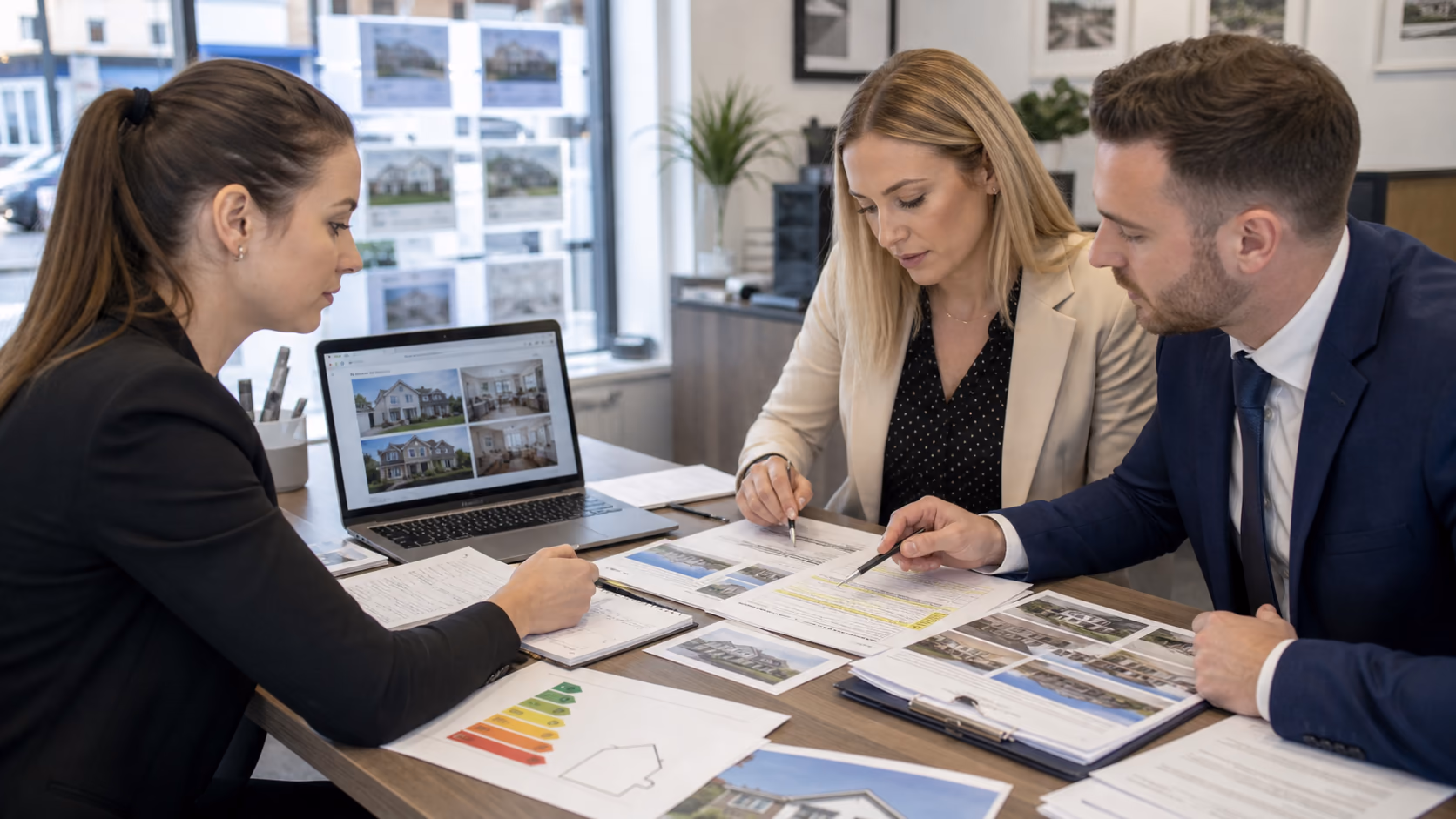 A branch team comparing changed listing fields against vendor approval notes, EPC paperwork, and property images before publication