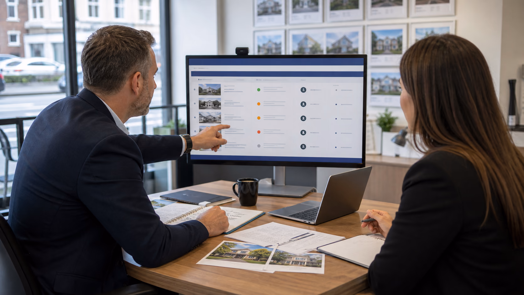 A branch manager reviewing a short list of held property updates with owners, blockers, and approval decisions on a shared screen