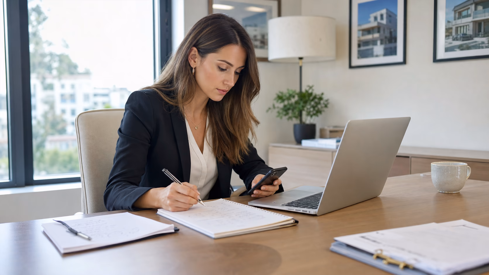 A new real estate agent reviewing a short contact list at a desk, with handwritten notes, a phone, and a laptop open in a bright office