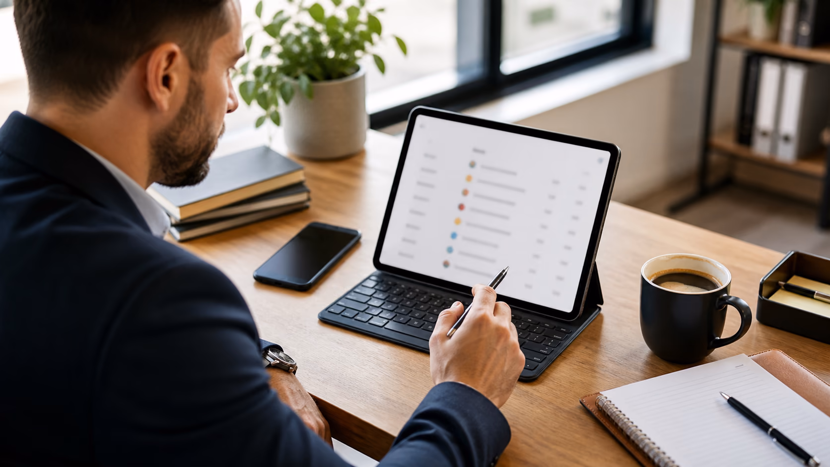 A real estate agent looking at a small daily task list with contact names and follow-up dates beside a mobile phone and coffee cup