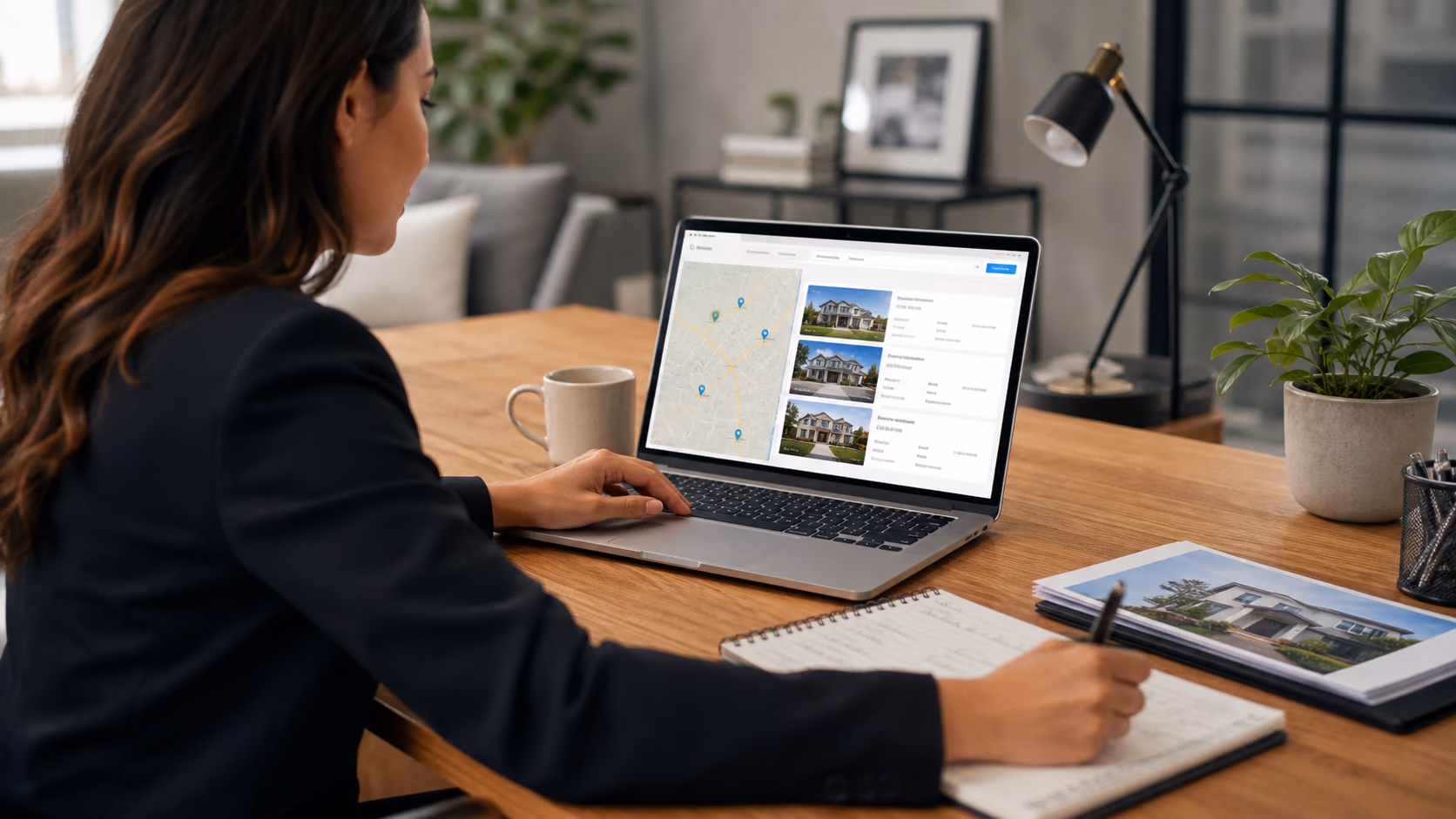 A real estate agent reviewing a small set of buyer-matched property listings on a laptop beside handwritten notes from a first consultation