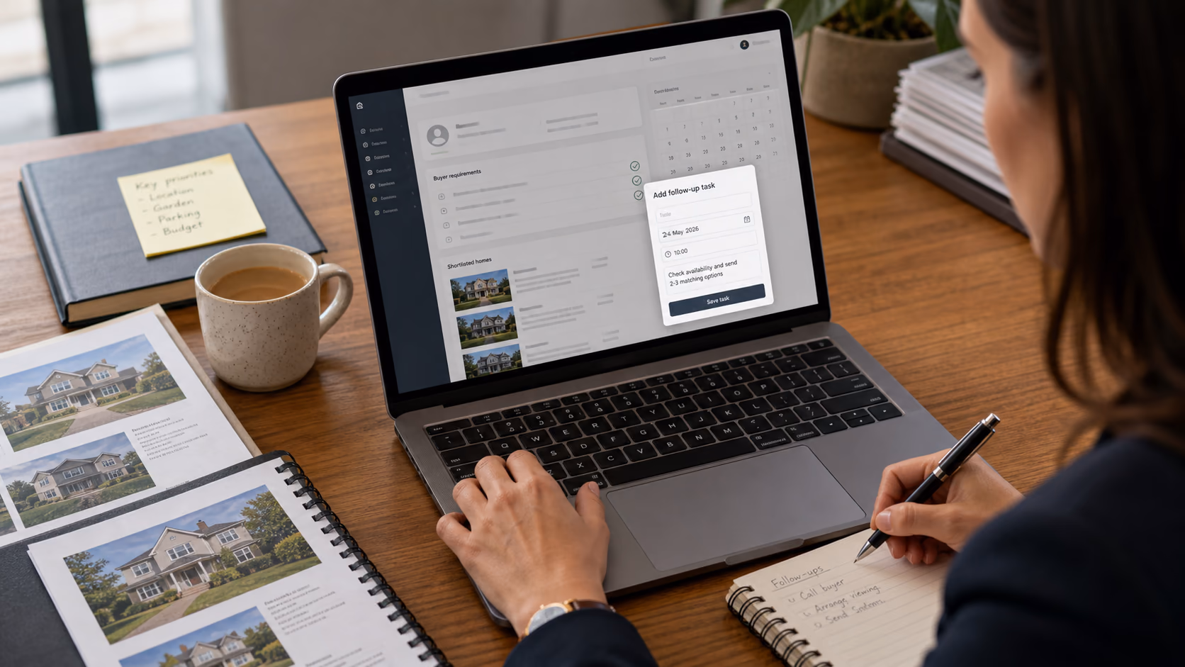 A real estate team member adding a dated follow-up task after comparing buyer requirements against a shortlist of homes