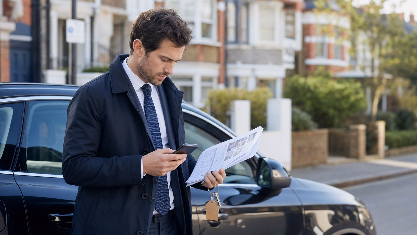 A real estate agent standing beside a car checking a phone calendar, printed viewing notes, and a property key tag before the next appointment
