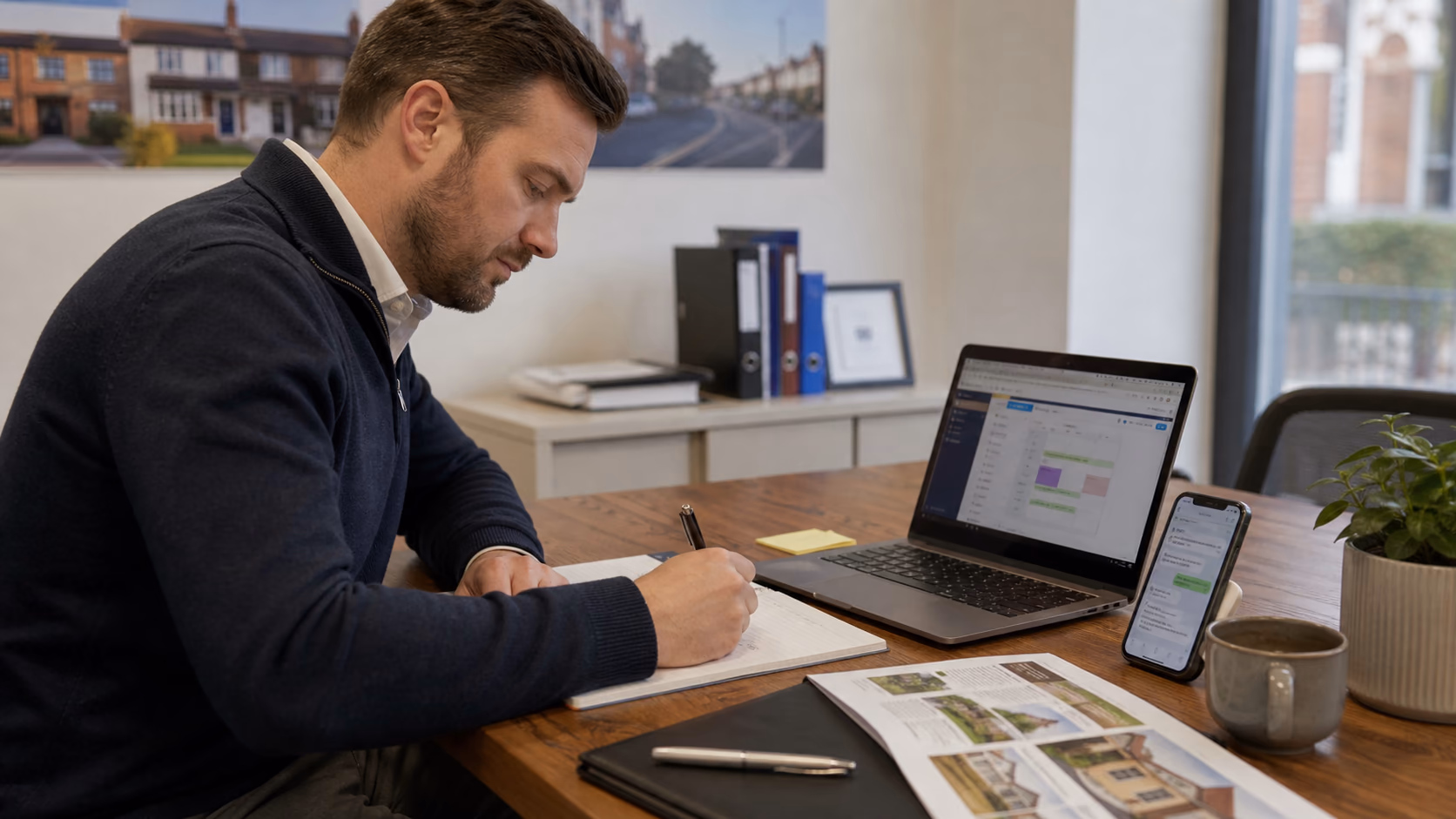 A real estate agent writing viewing feedback beside a laptop showing a calendar and property notes, with a phone displaying a recent buyer message