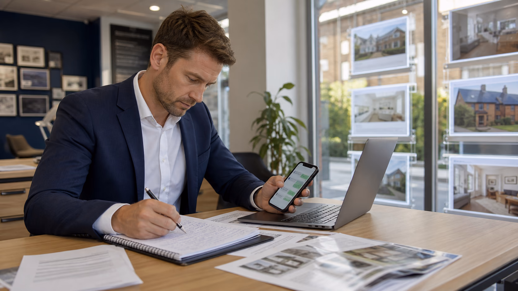 An estate agent reviewing handwritten viewing notes, buyer messages, and a laptop contact record after a property appointment