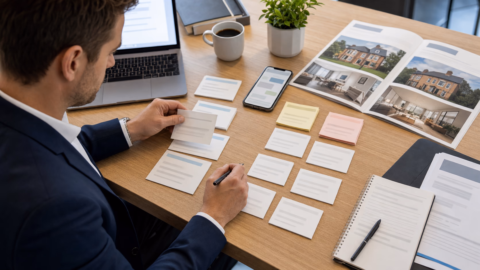 A real estate agent sorting post-viewing responses into clear categories on a desk beside property brochures and a phone
