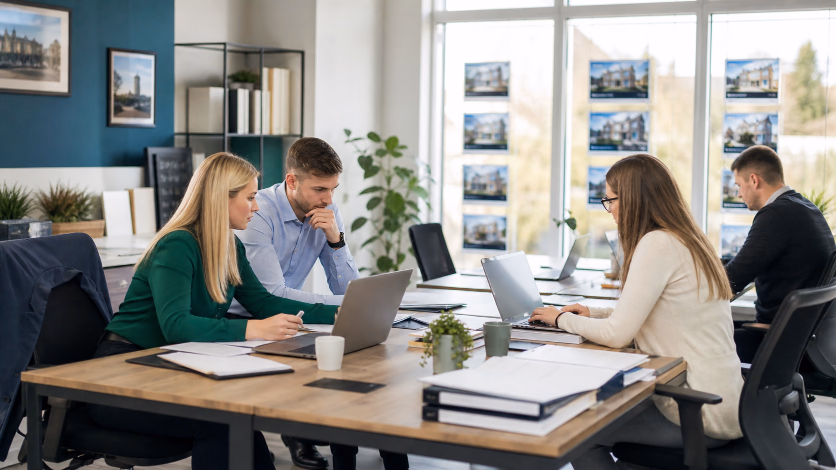 An Irish estate agency team reviewing active sales and letting files on laptops during a Friday afternoon office check