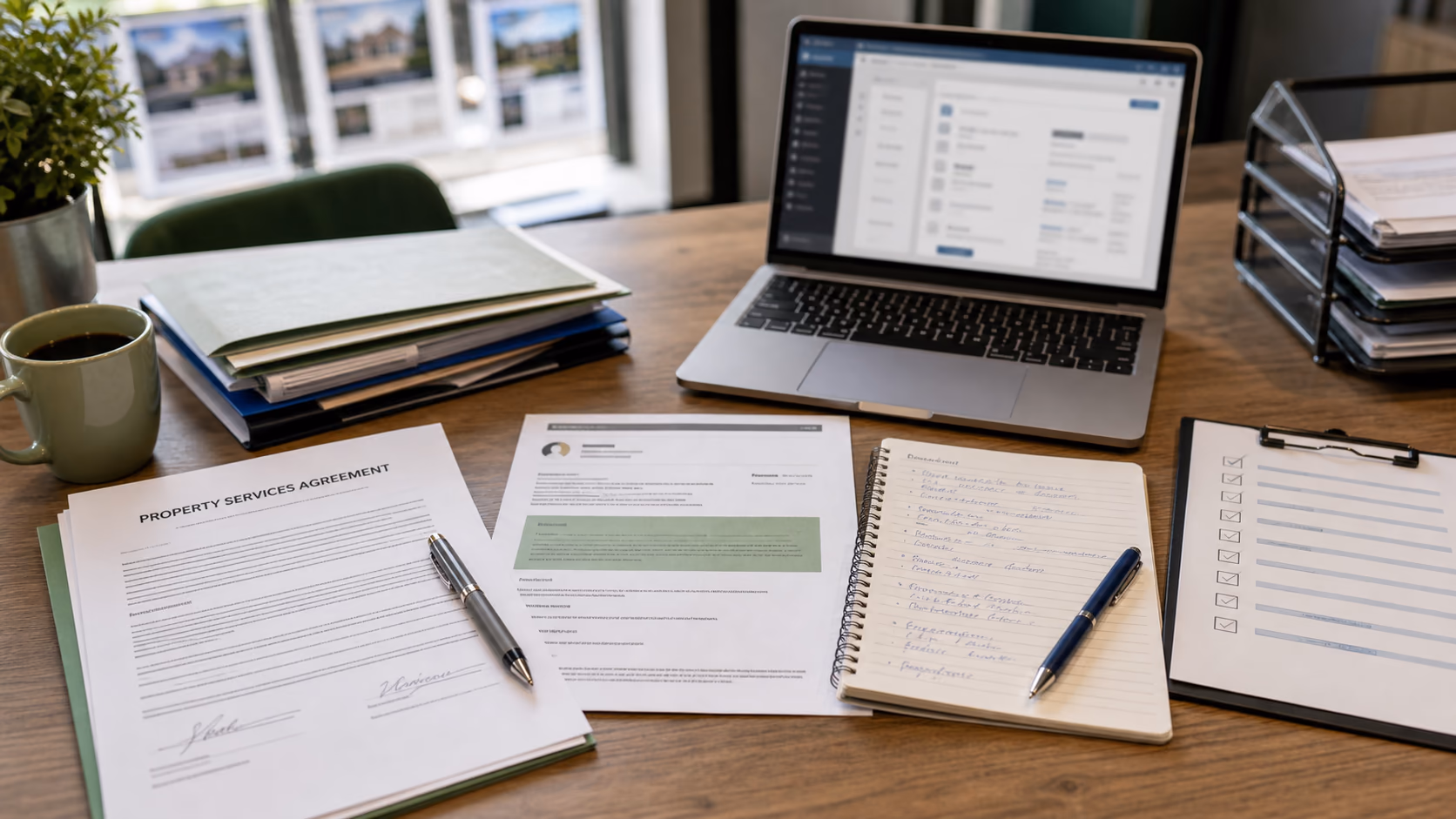A signed property services agreement, landlord approval email, offer notes, and file checklist arranged beside a laptop in an Irish agency office
