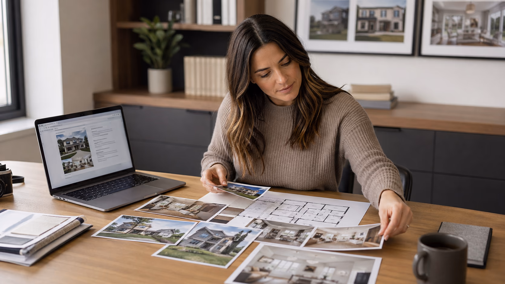 A marketing coordinator arranging property photographs beside a floorplan and a short written listing brief on a laptop screen