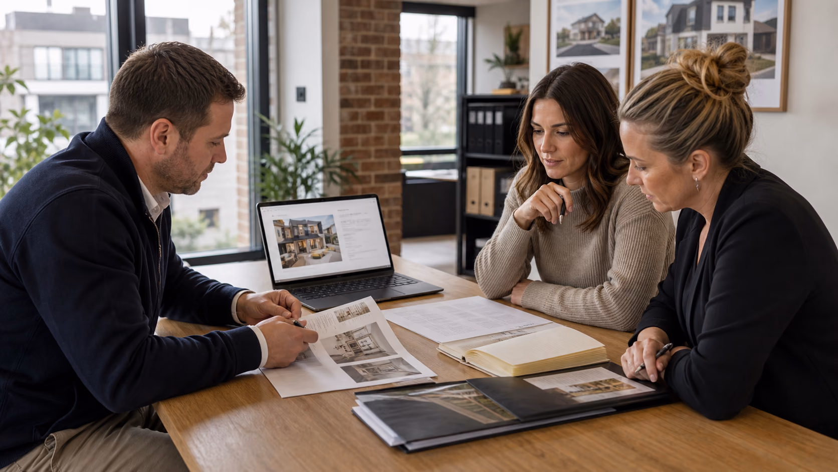 A real estate team reviewing buyer notes after viewings and comparing them with a property listing description in a modern agency office