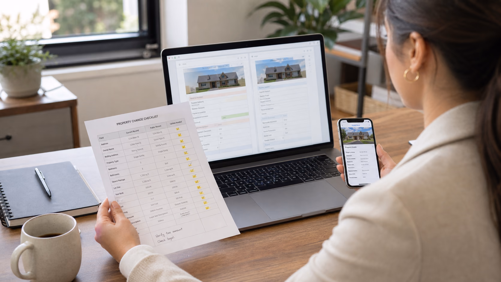 A listing coordinator comparing a property record on a laptop with a printed change checklist and a phone showing a public property page