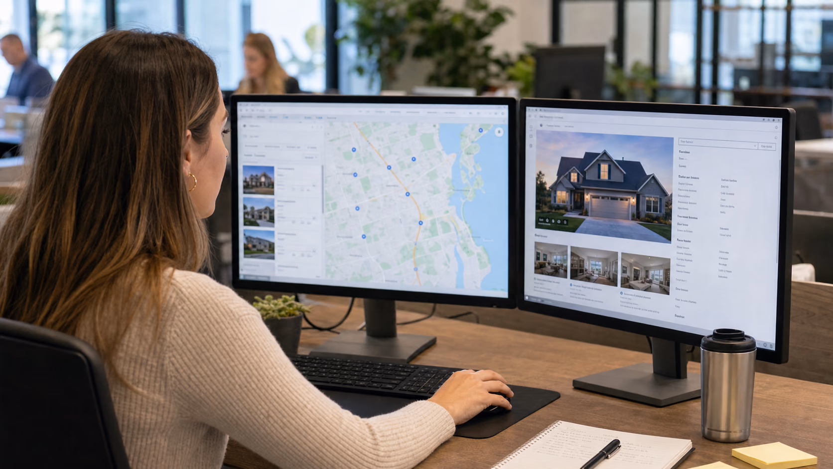 A real estate team member checking a property search map and listing detail page on two screens after changing a listing status