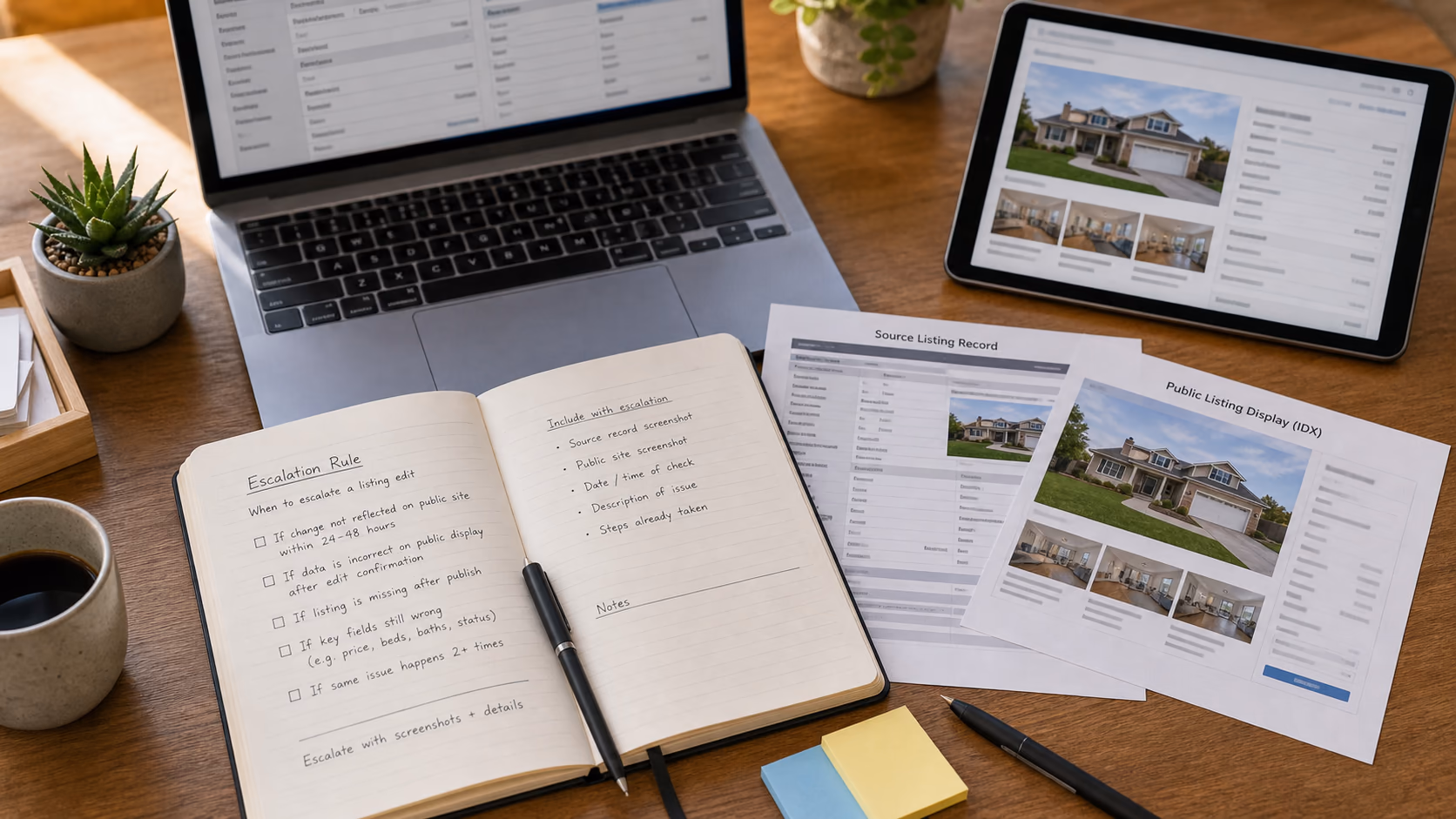 A brokerage operations notebook showing an escalation rule beside screenshots of a source listing record and public IDX listing display