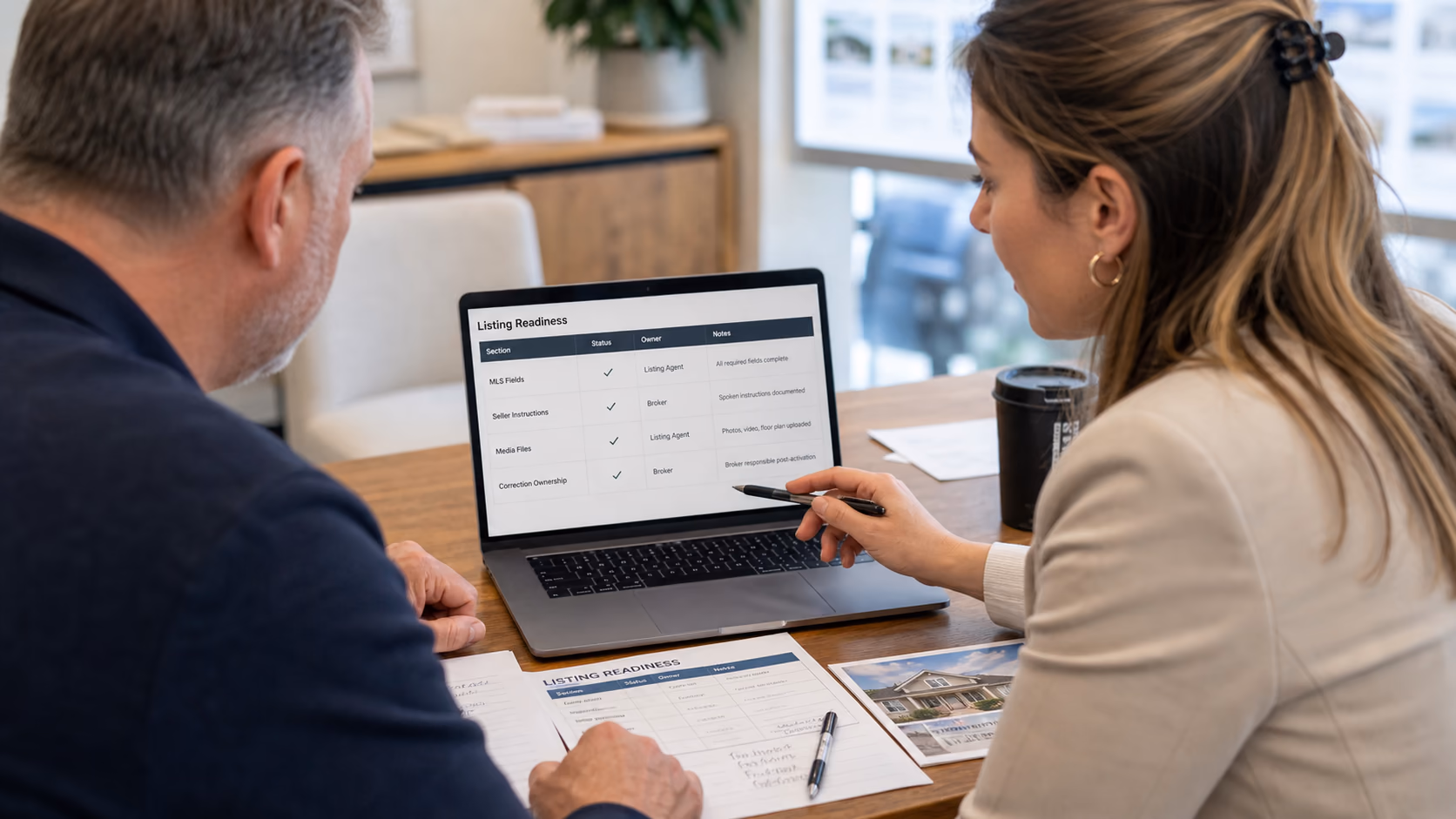 A broker and listing agent checking a readiness table with MLS fields, seller instructions, media files, and correction ownership before a home listing goes live
