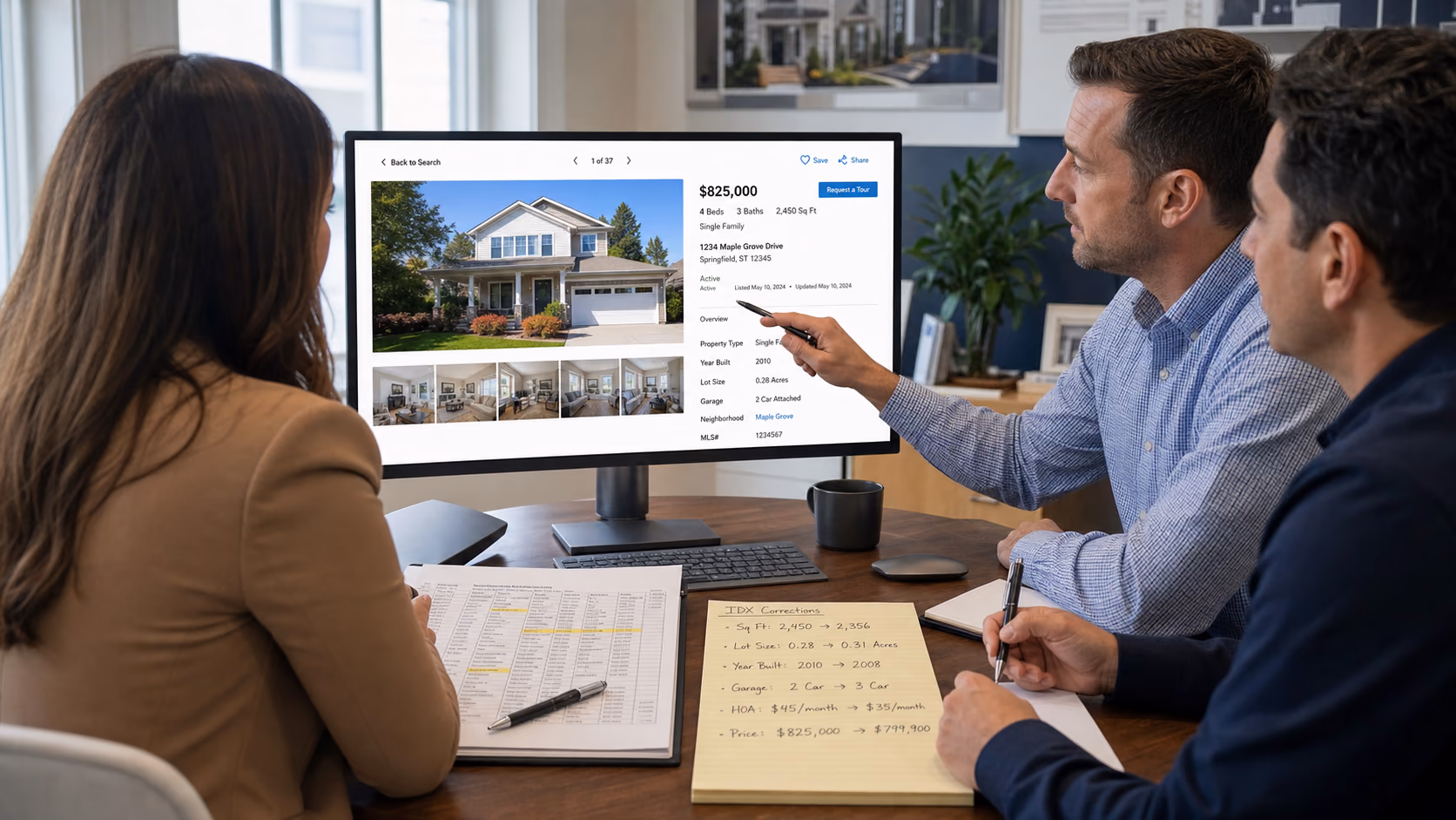 A US real estate team reviewing a public IDX listing page on a large monitor while comparing it with an MLS record and handwritten correction notes