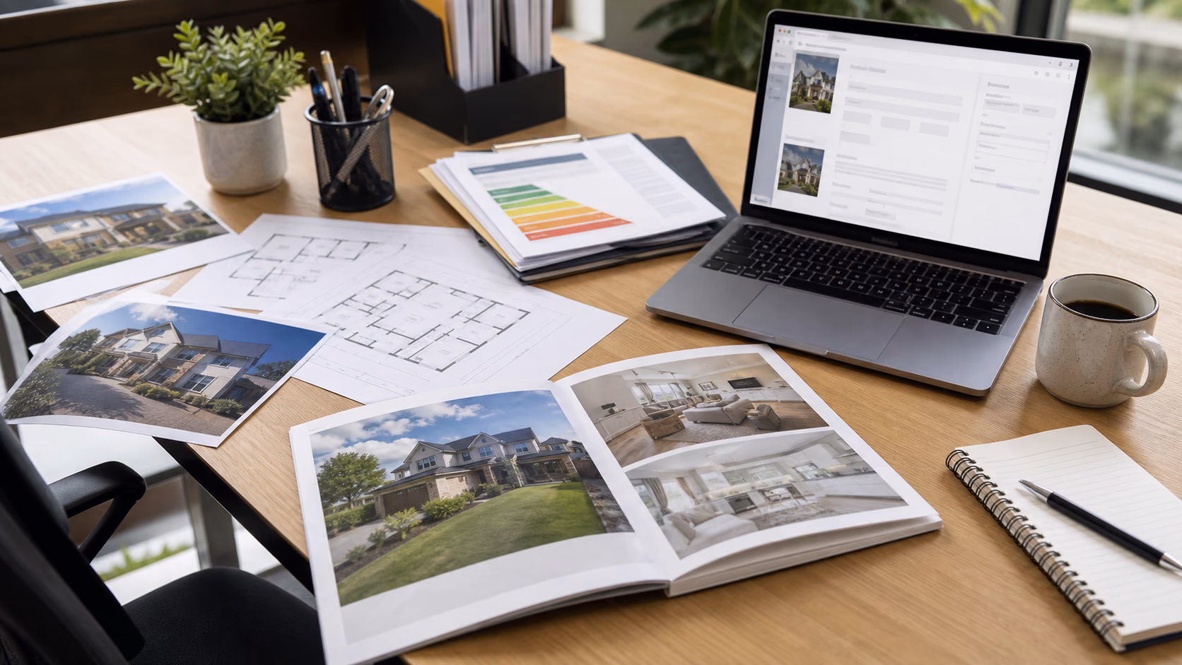 A property listing preparation desk with floorplans, BER paperwork, house photographs, and a laptop open to a listing draft