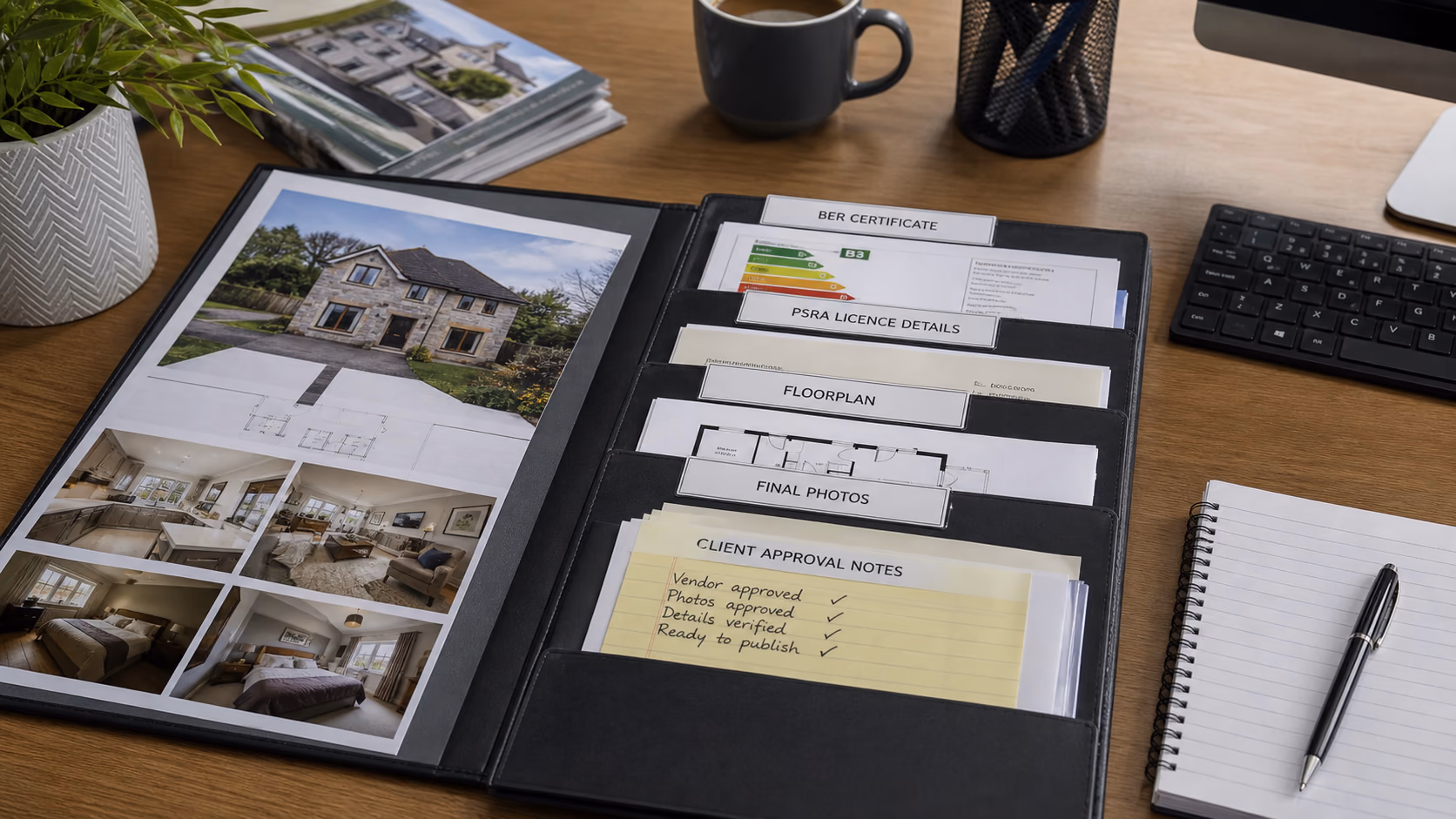 A property listing folder on a desk with labelled sections for BER certificate, PSRA licence details, floorplan, final photos, and client approval notes