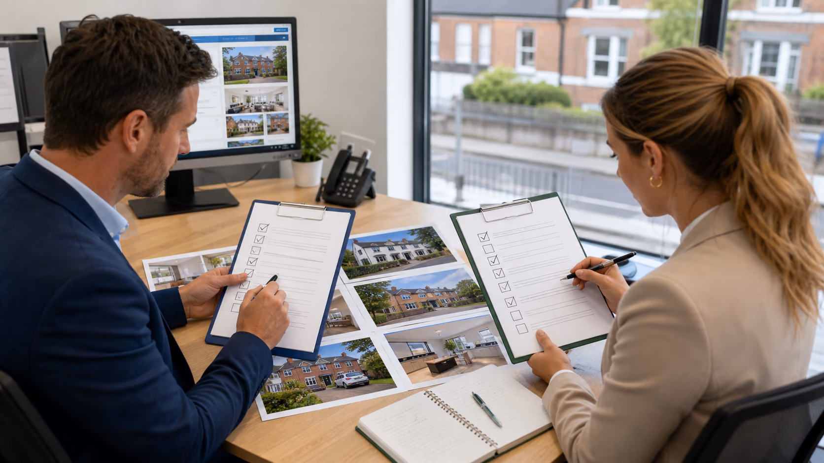 An Irish estate agency team reviewing live sales and lettings listing changes on separate checklists beside property photos and access notes