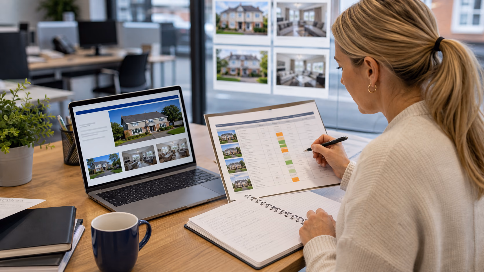 A branch administrator comparing a live property portal listing with an internal change log showing price, rent, status, and viewing access owners