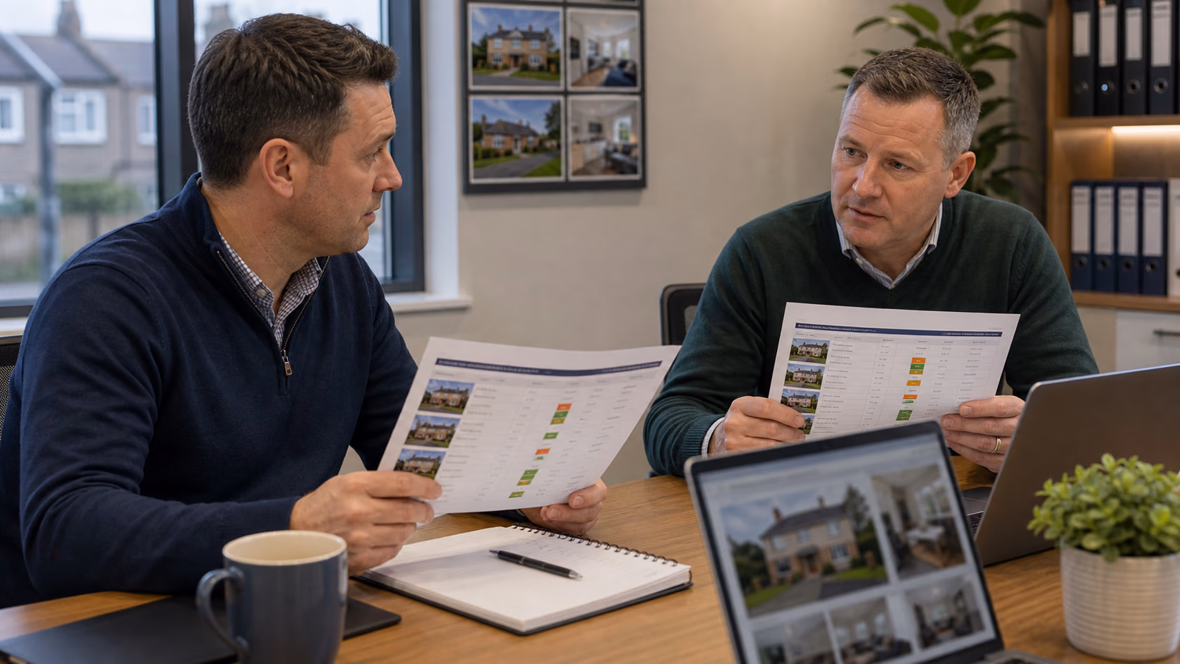Two Irish agency managers reviewing separate sales and lettings live listing change summaries during a weekly branch meeting