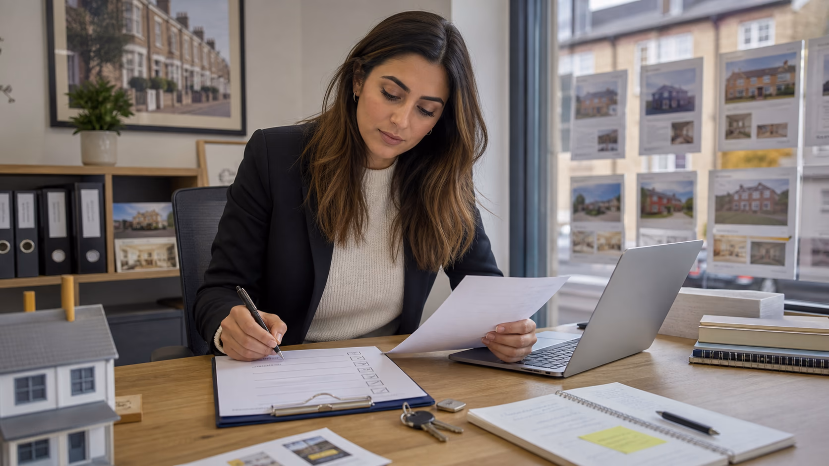A letting agent at a desk reviewing a landlord onboarding checklist with keys, property notes, and safety certificate reminders beside a laptop