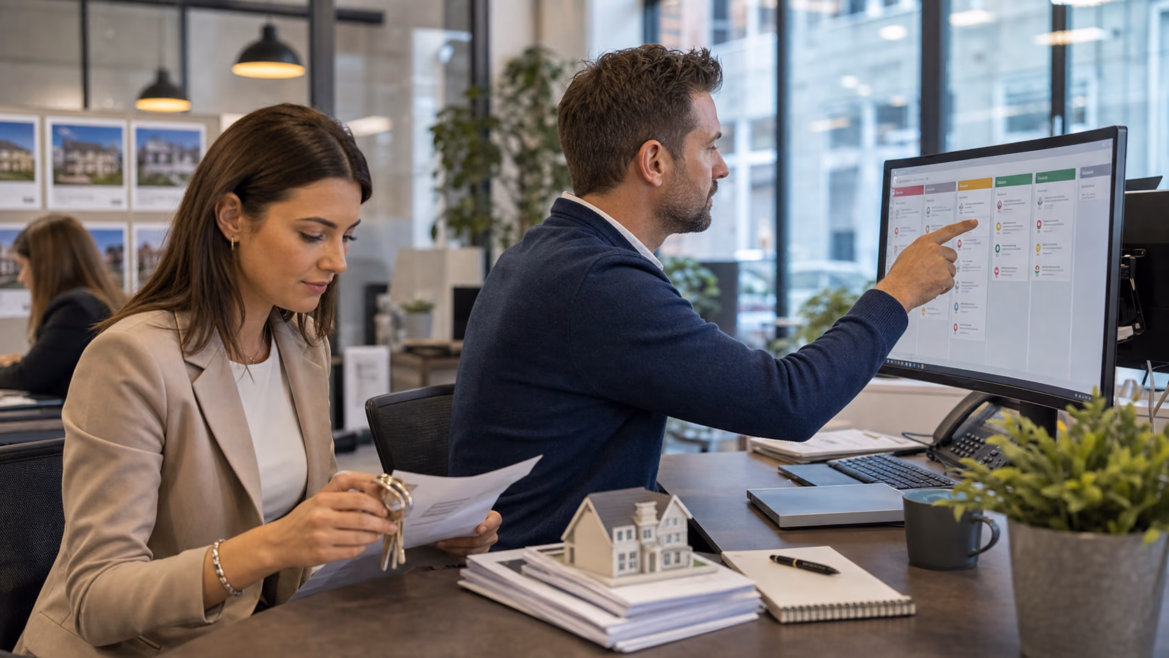 A property manager marking landlord onboarding blockers on a shared office screen while a colleague checks keys and property documents