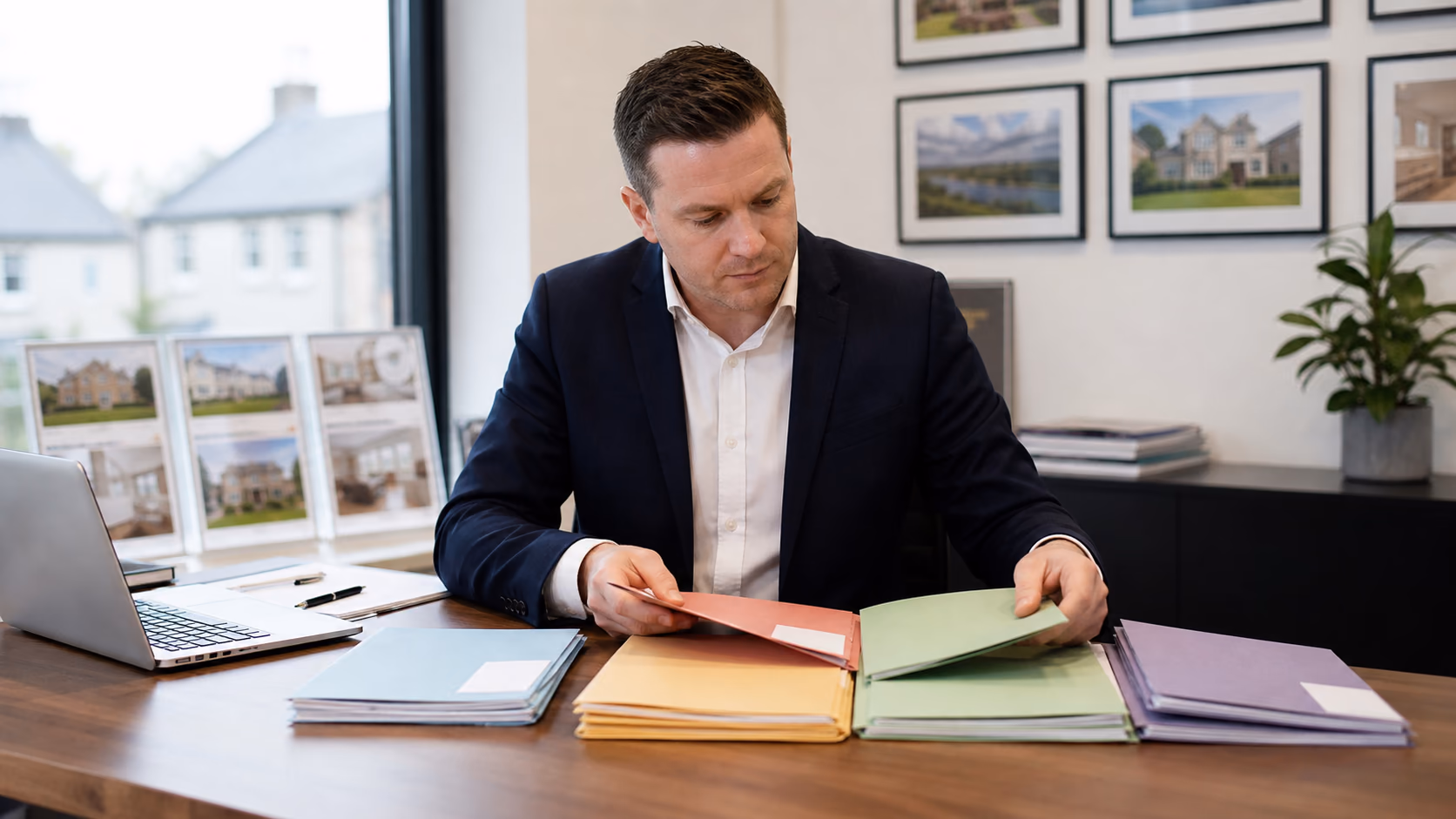 An Irish auctioneer at a desk sorting new client files by service type before opening sales, purchase, letting, auction, and property management records