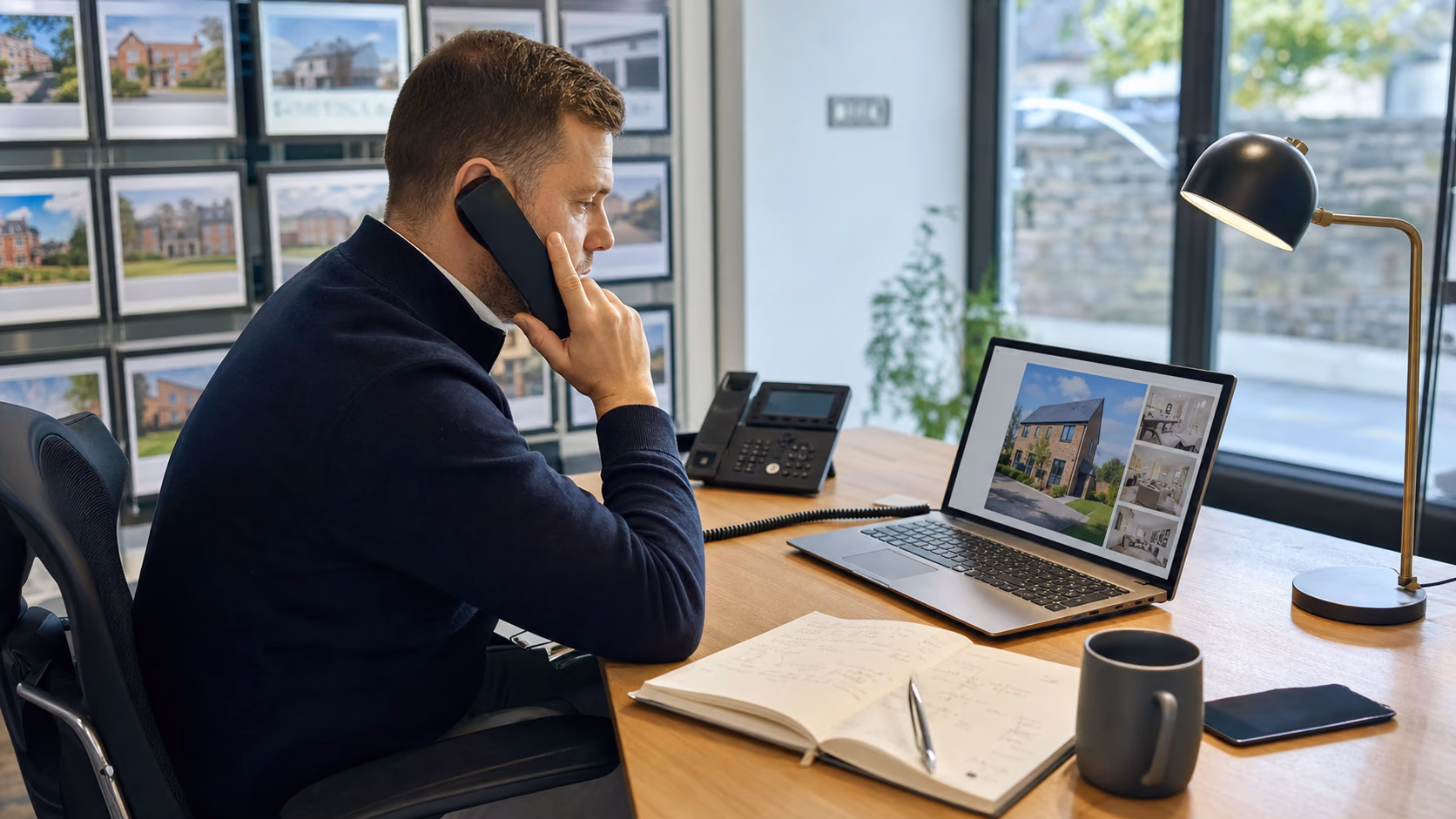 A real estate agent at a desk taking early buyer calls with a live property listing open on a laptop and handwritten notes beside the phone