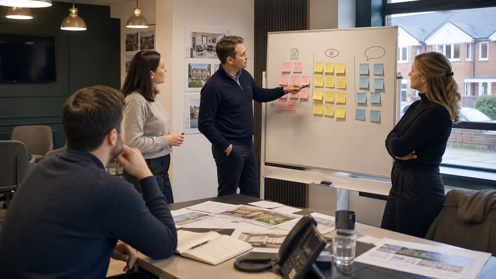 A branch team reviewing a whiteboard of repeated buyer questions grouped under facts, viewing friction, and seller wording after a new property goes live