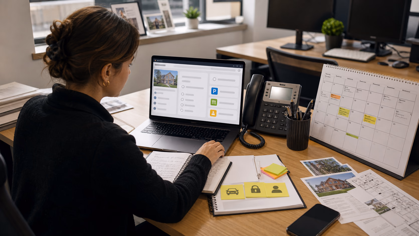 A real estate coordinator updating a live listing correction task beside a viewing calendar, with highlighted notes for parking, access, and seller approval