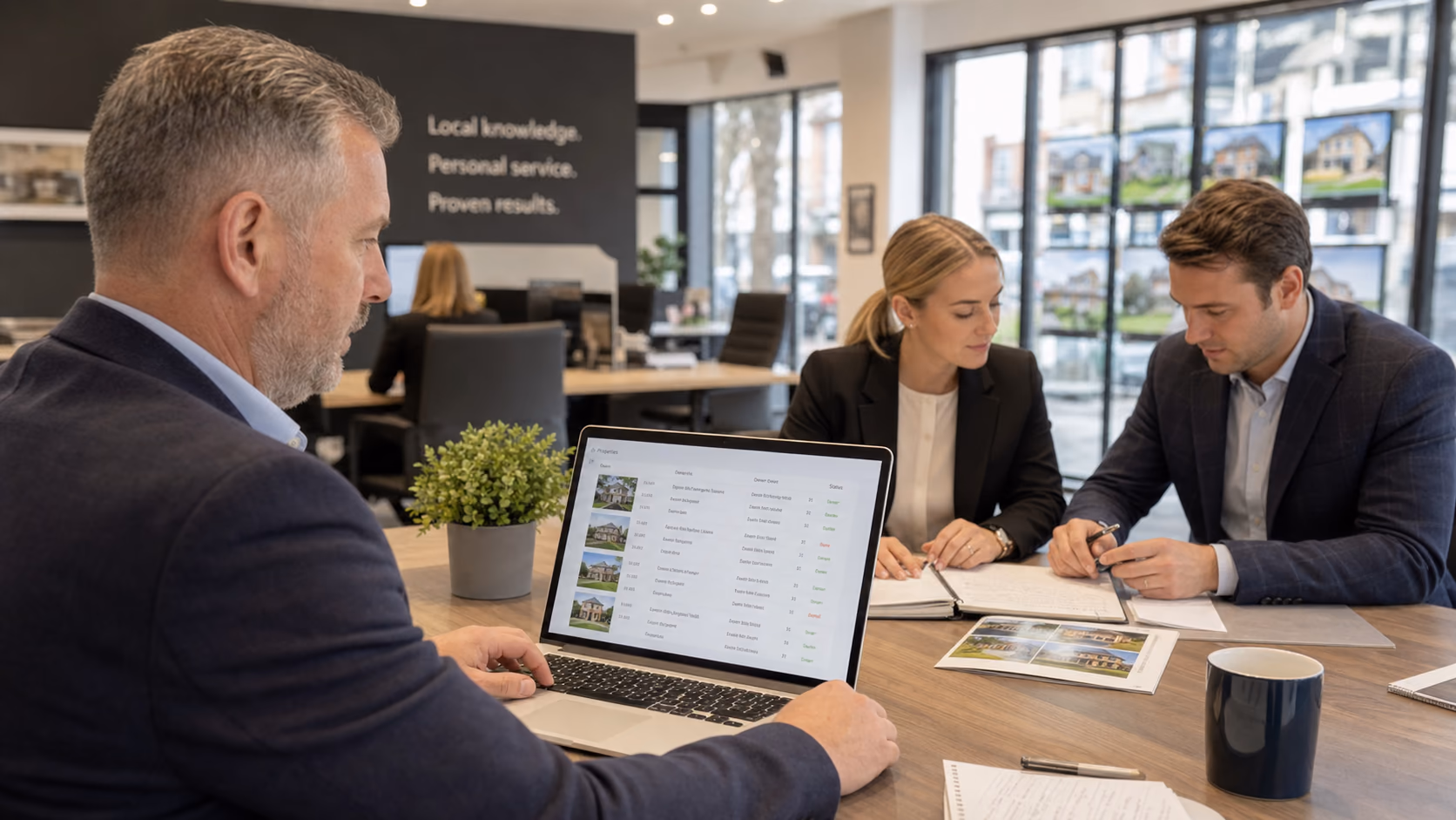 A branch manager reviewing live property listings with owner names on a laptop while two agents compare viewing feedback notes at a shared desk