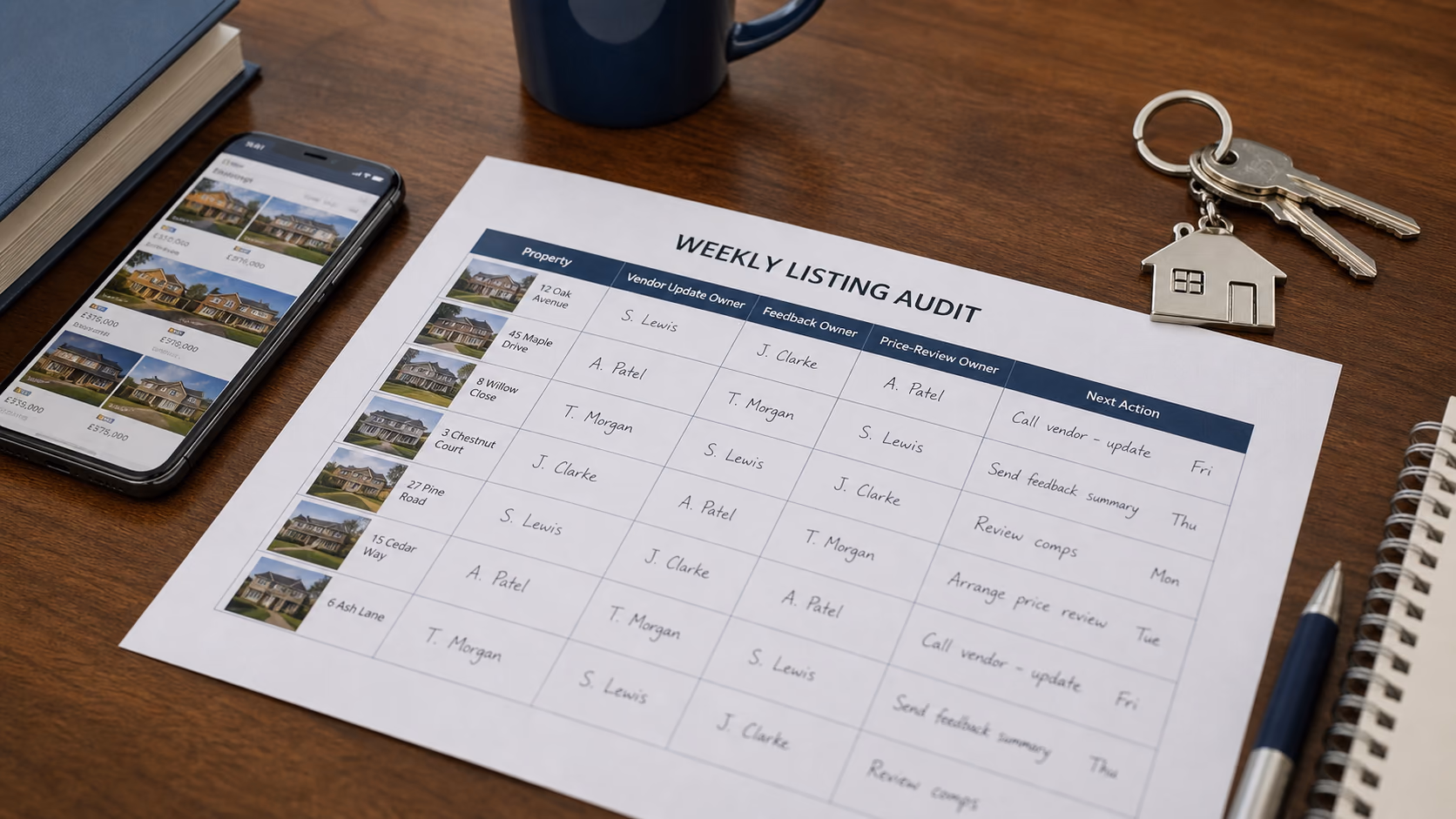 A printed weekly listing audit sheet with columns for vendor update owner, feedback owner, price-review owner, and next action beside a phone and house keys