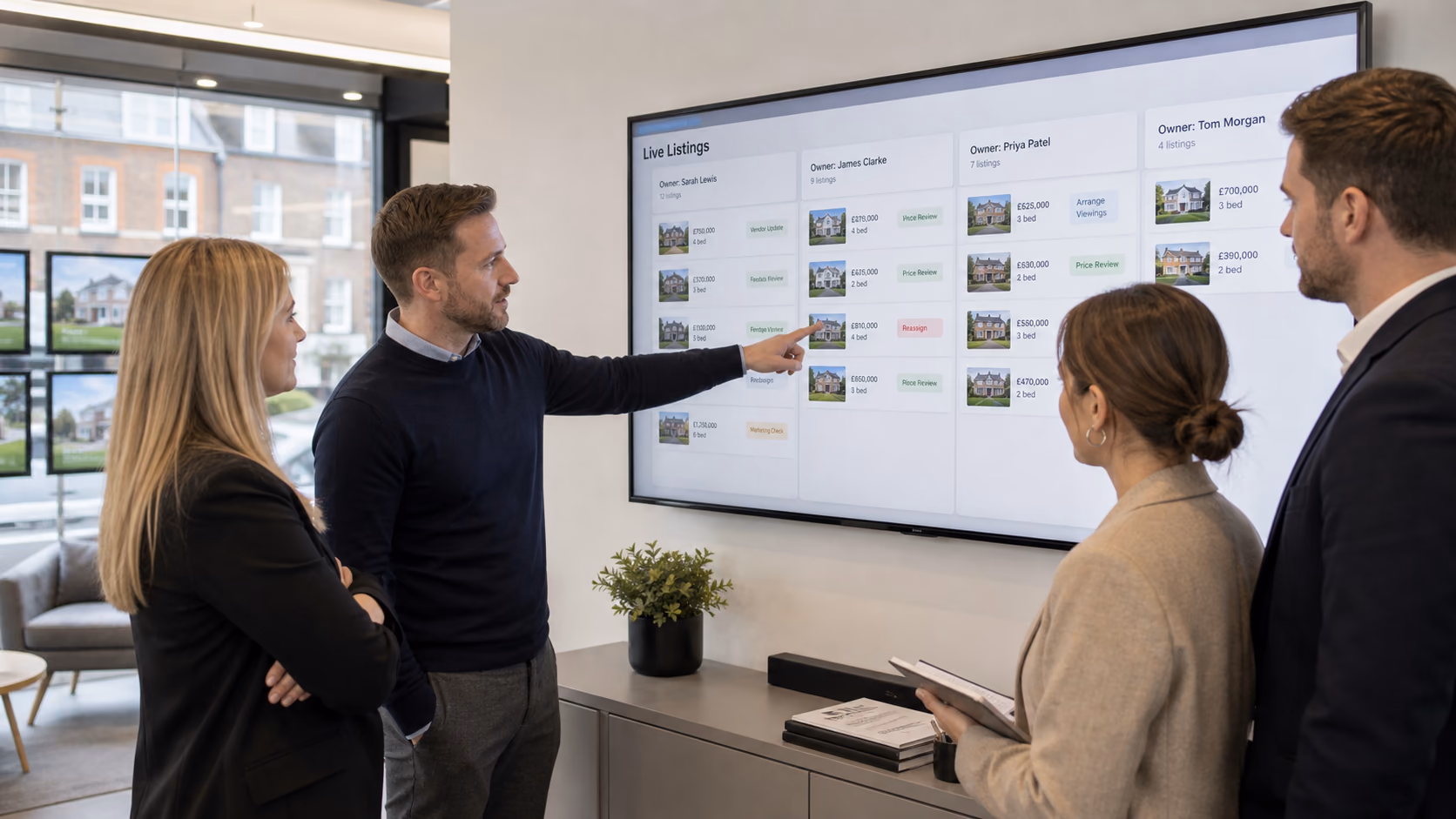 A real estate team standing around a wall screen showing live listings grouped by owner and next action, with one manager pointing to a listing that needs reassignment