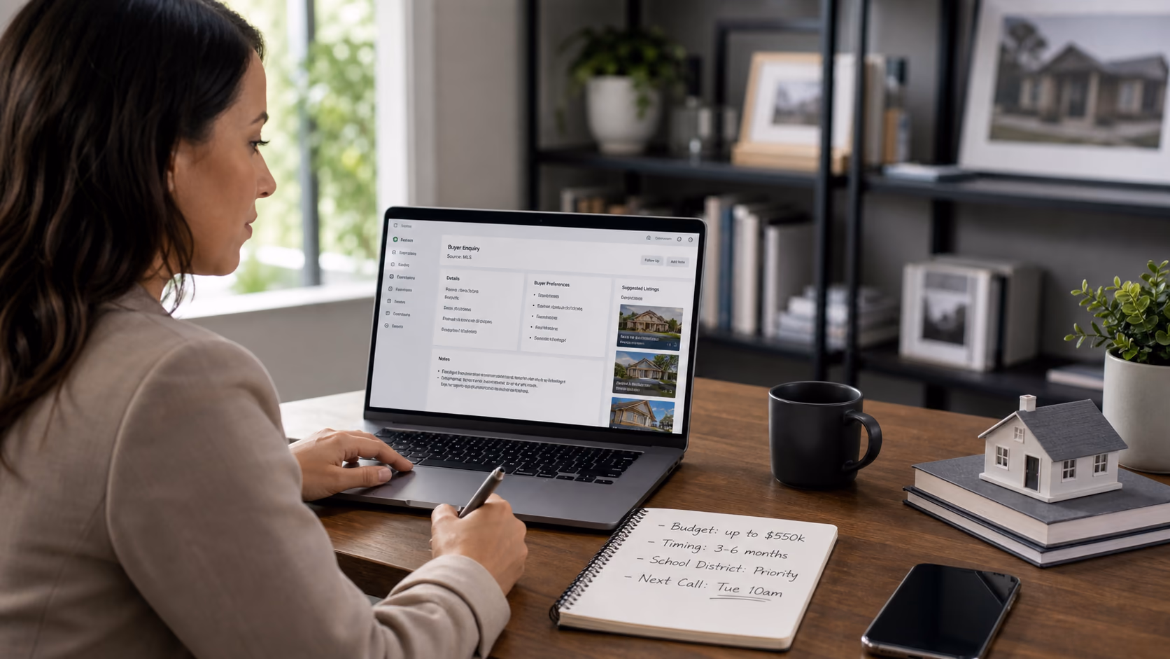 A US real estate agent reviewing an MLS-fed buyer enquiry on a laptop beside handwritten notes about budget, timing, school district, and next callback