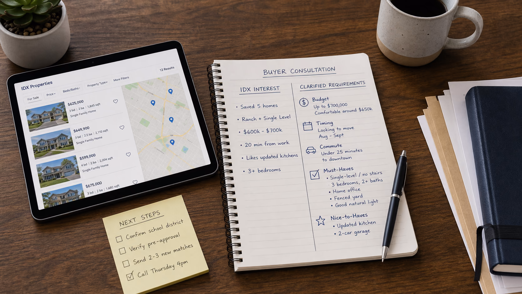 A buyer consultation note with IDX properties on one side and clarified client requirements on the other, showing budget, timing, commute, and must-have fields