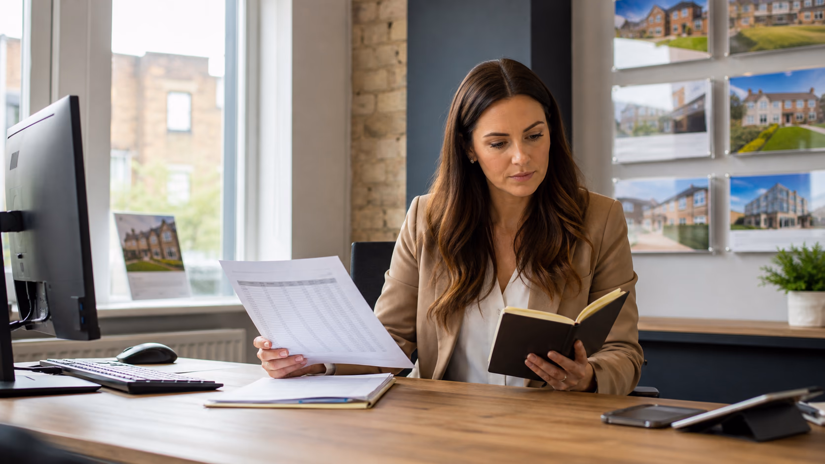 A real estate agent at a desk comparing an exported contact list with a small notebook of live client follow-ups, natural light, focused office setting
