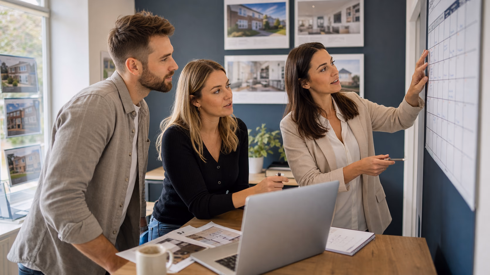 A small estate agency team reviewing a wall calendar and laptop before transferring upcoming property viewings into a new system
