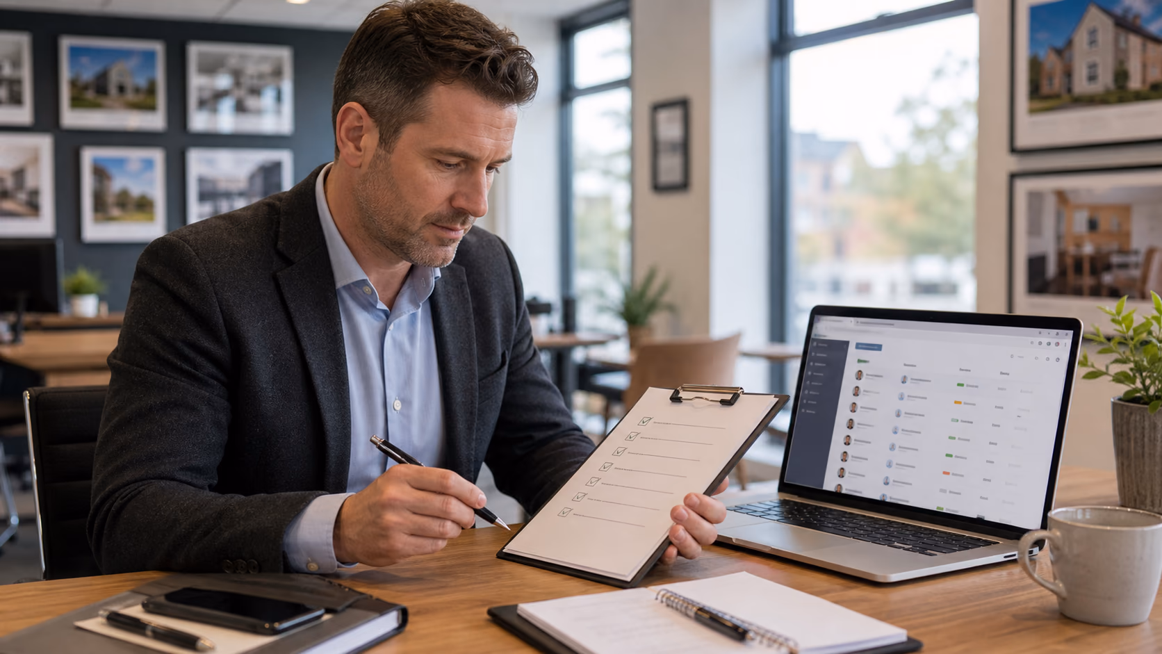 A real estate manager checking a short migration checklist beside a laptop showing organised contacts and follow-up tasks, modern branch office setting