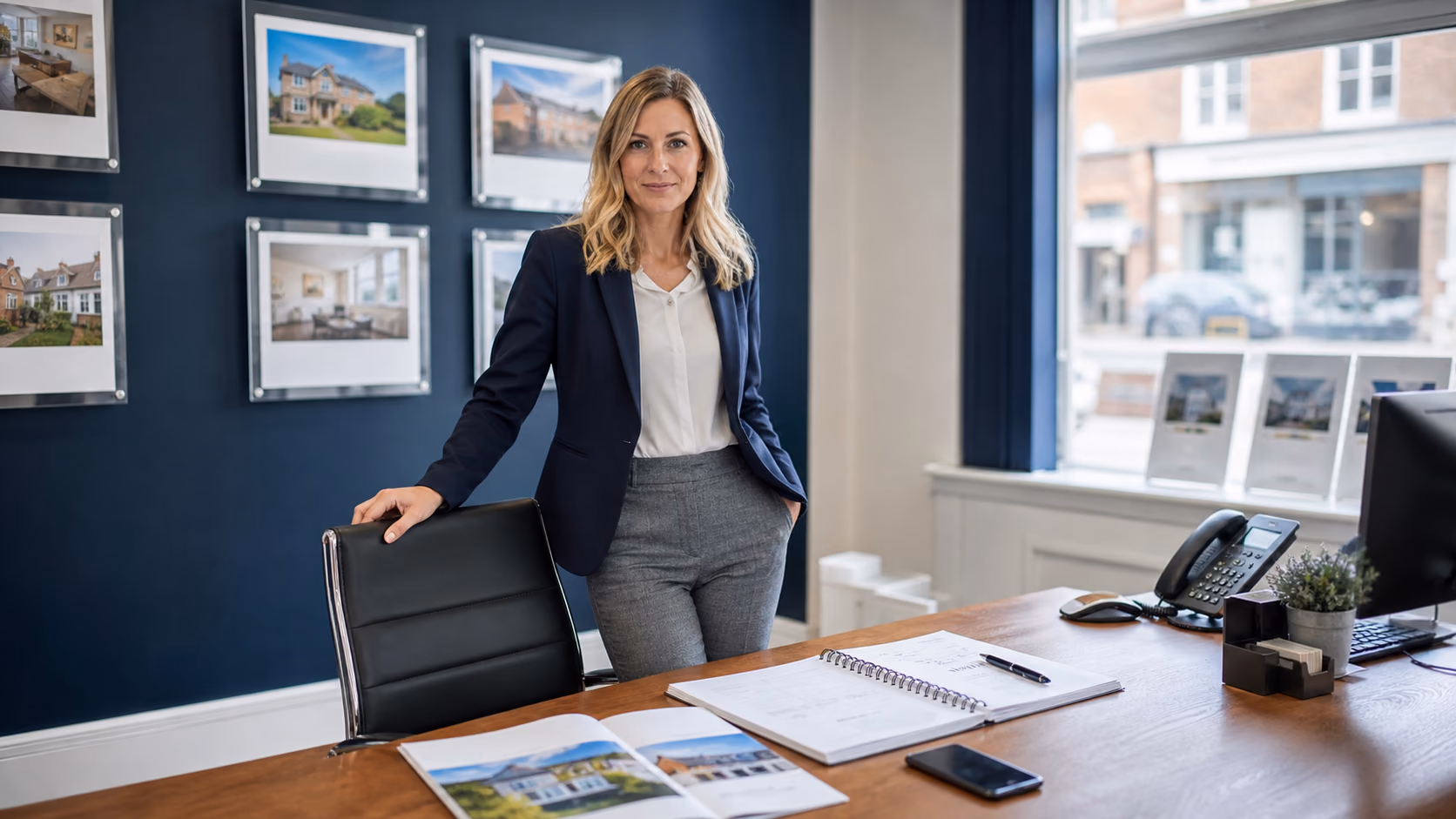 A real estate agent standing beside a desk with a new listing brochure, phone, calendar, and buyer notes ready for review