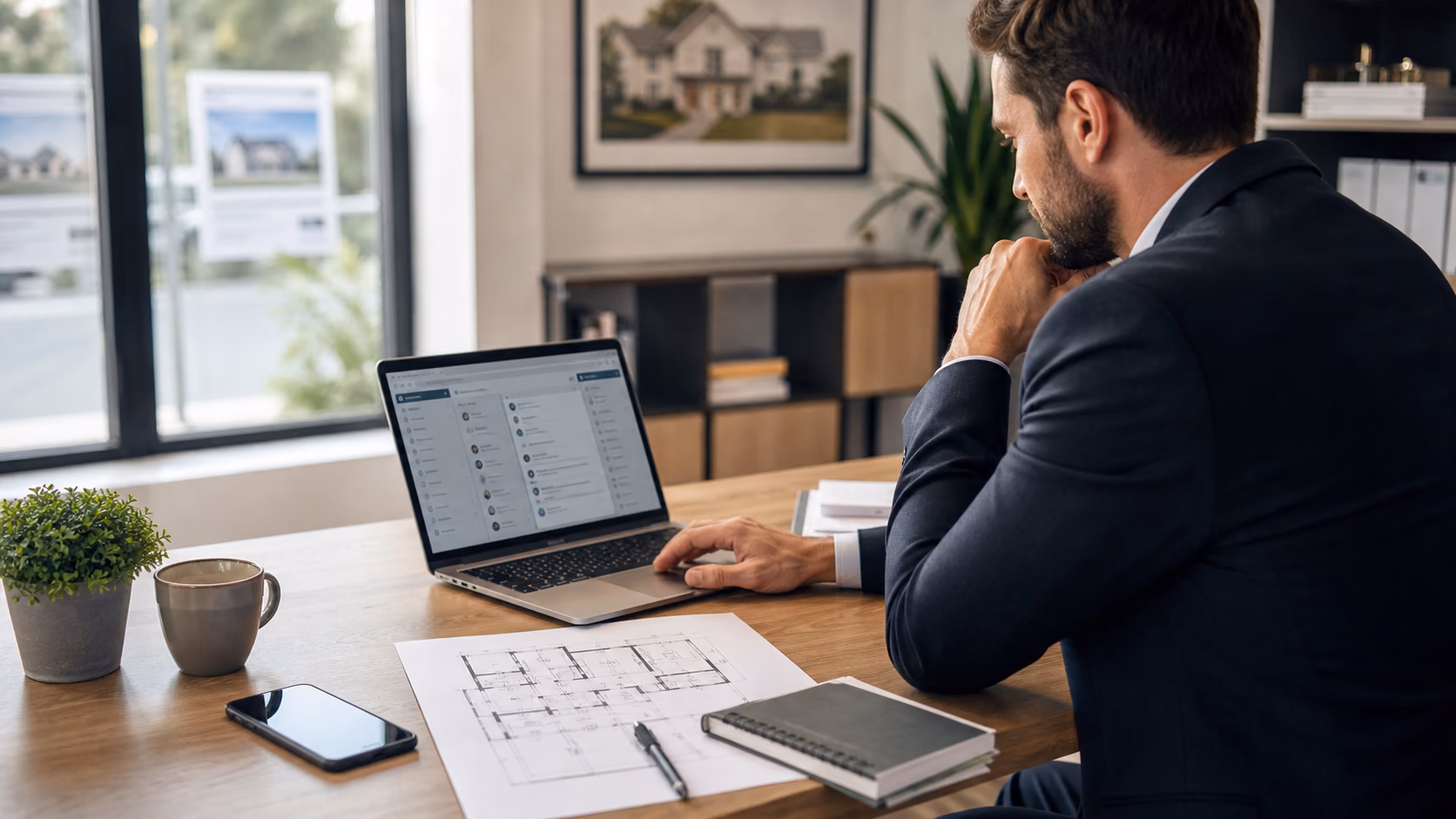 A real estate agent reviewing buyer readiness notes on a laptop beside a printed property floor plan and a phone