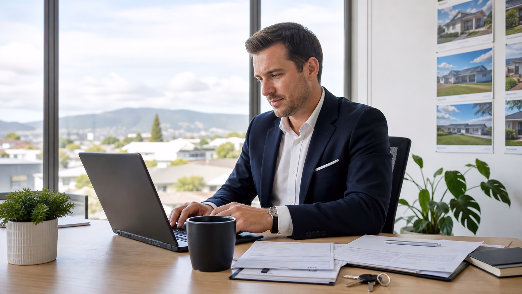A New Zealand real estate agent reviewing open home visitor notes and property files on a laptop at a bright office desk, with printed forms and keys nearby