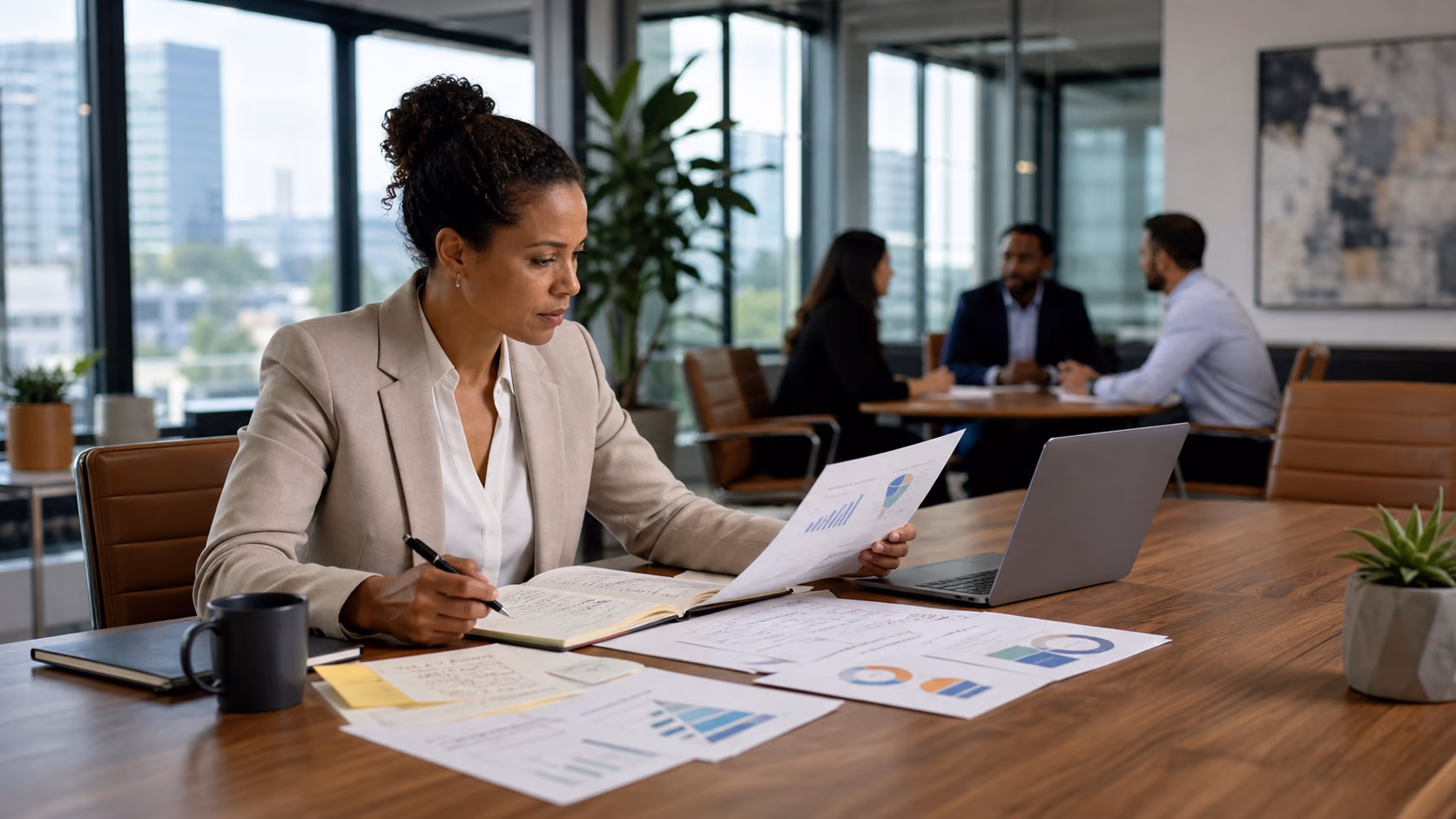 A brokerage manager reviewing pipeline charts and handwritten deal notes at a conference table before a weekly sales meeting