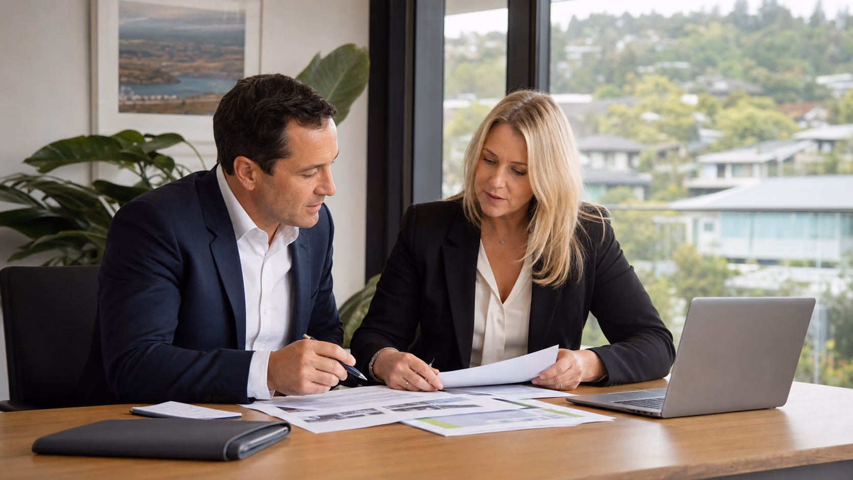 A New Zealand real estate manager and listing agent reviewing a draft listing agreement, marketing estimate, and vendor notes at a desk before signing