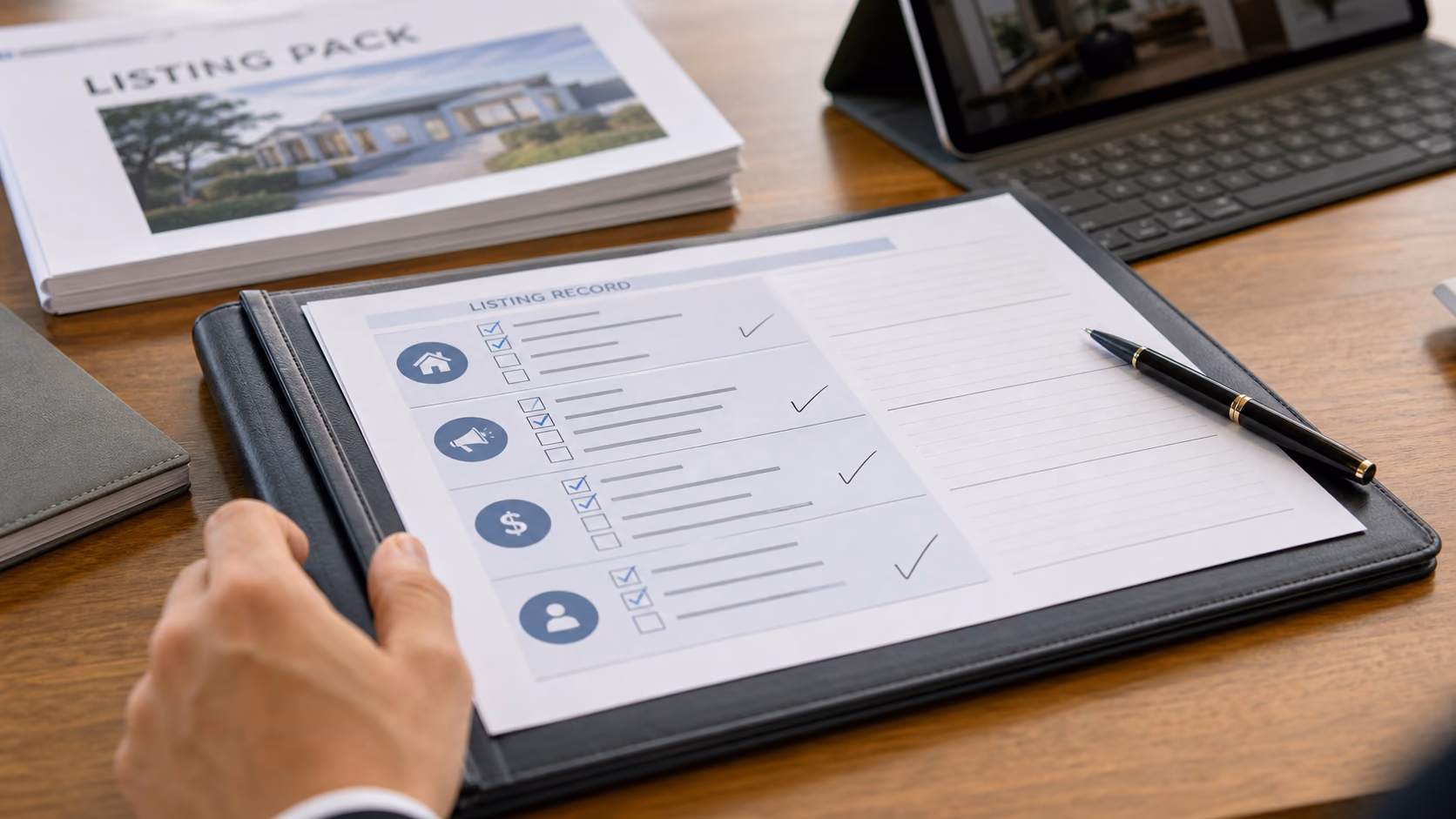 A close-up of a draft real estate listing record with checklist items for guide delivery, marketing approval, commission clarity, and vendor copy return