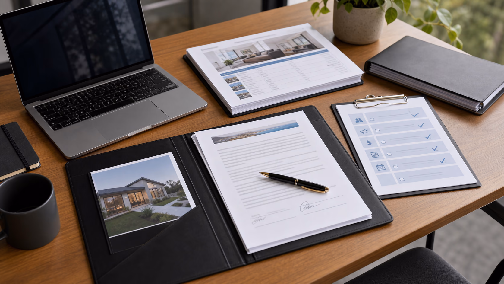 A tidy agency desk with a laptop, signed listing paperwork, a marketing cost estimate, and a manager approval checklist ready for review