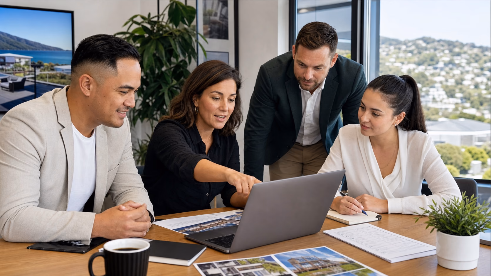 A New Zealand real estate team gathered around a desk reviewing a final property listing launch checklist on a laptop before publishing online