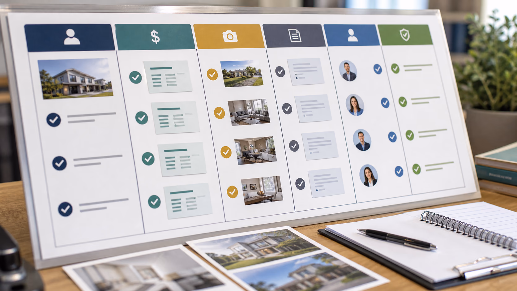 A close-up of a property listing launch board with columns for authority, price wording, media, disclosure, enquiry owner, and manager approval