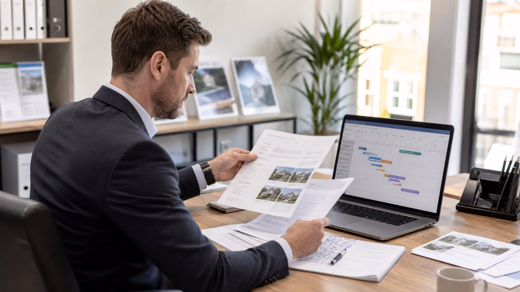 An estate agent comparing written property offers, buyer funding notes, and a laptop timeline at a tidy office desk