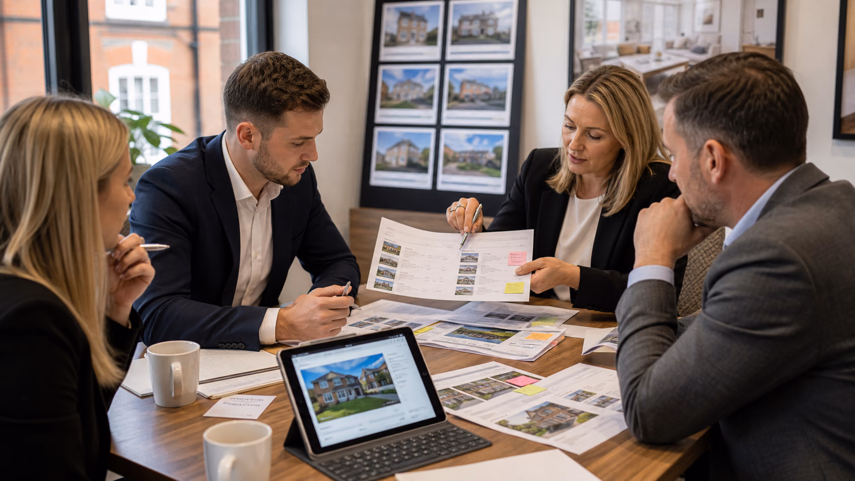 A team of estate agents gathered around a meeting table reviewing several buyer offers and deadline notes for one property